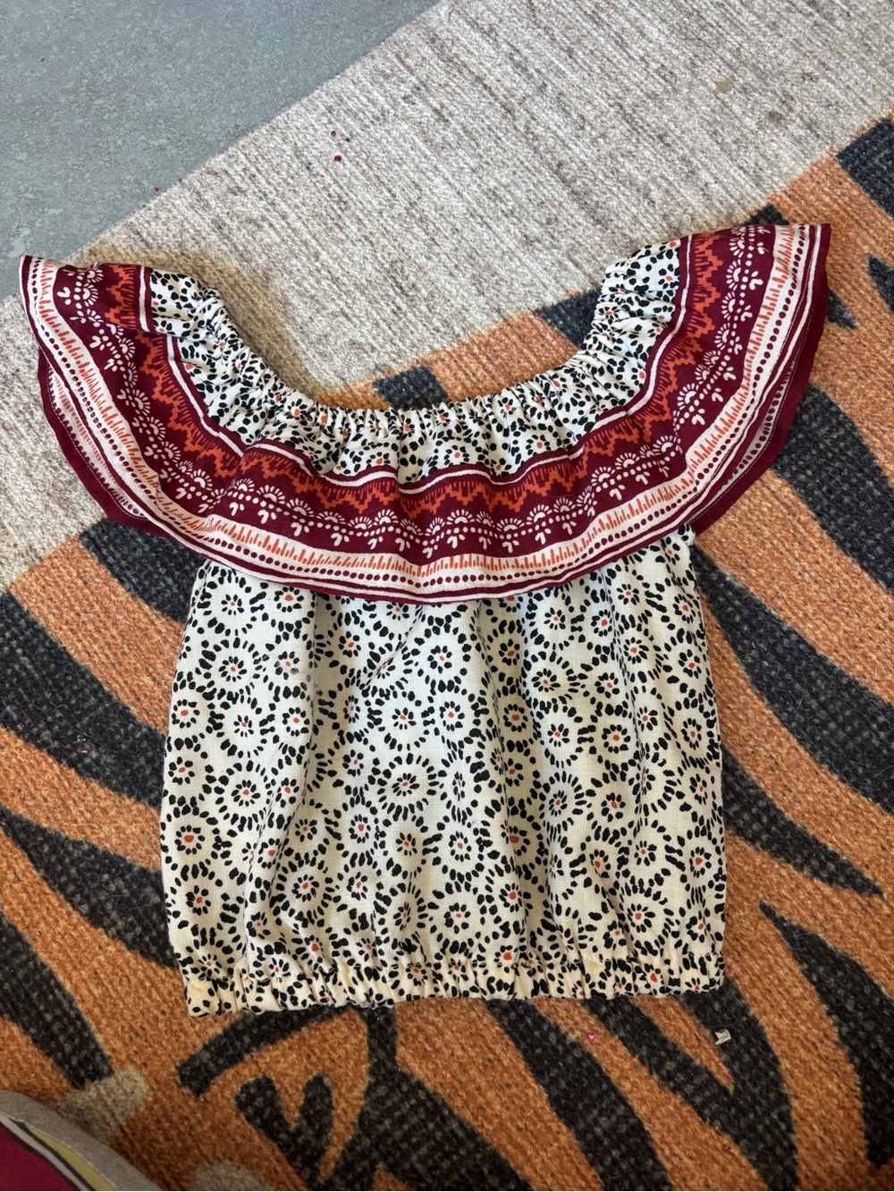 Mayoral Off-Shoulder Floral Print Crop Top in Cream and Burgundy
